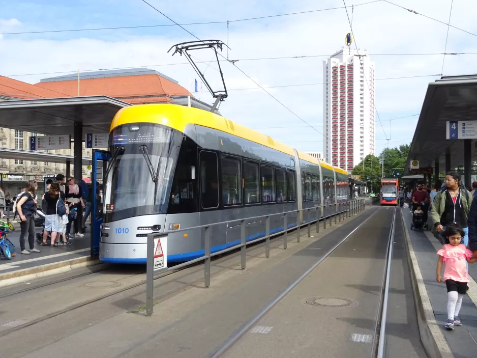Leipzig tram line 4 with low-floor articulated tram 1010 at Hauptbahnhof (2019)