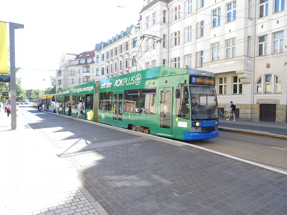 Leipzig tram line 7 with low-floor articulated tram 1108 at Angerbrücke, Straßenbahnhof (2023)