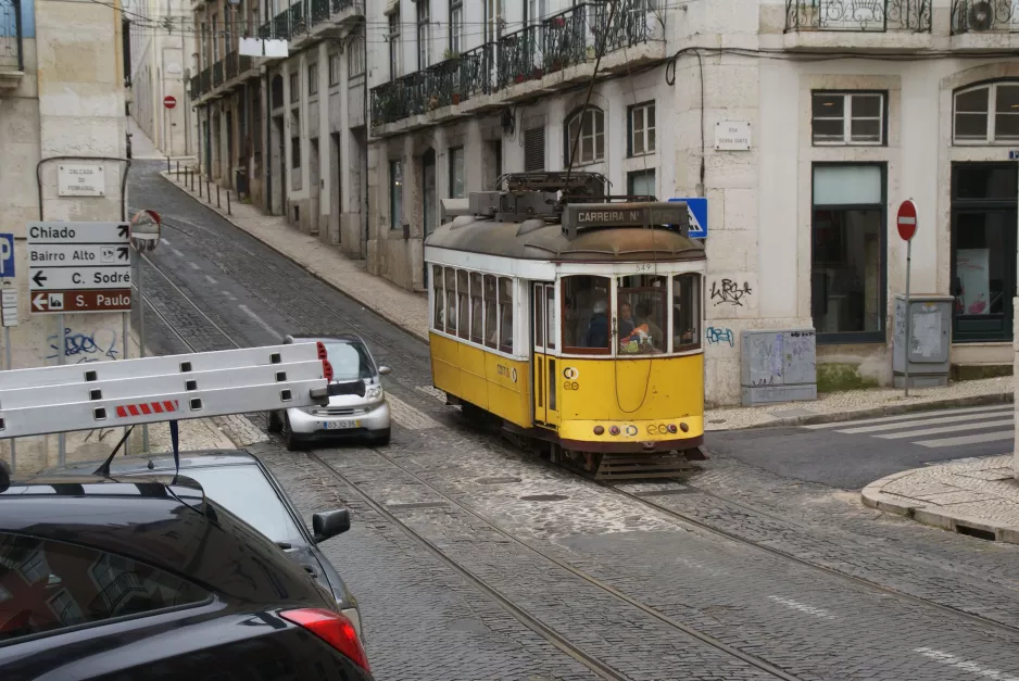 Lisbon extra line 25E with railcar 549 on Rua Vítor Cordon (2013)