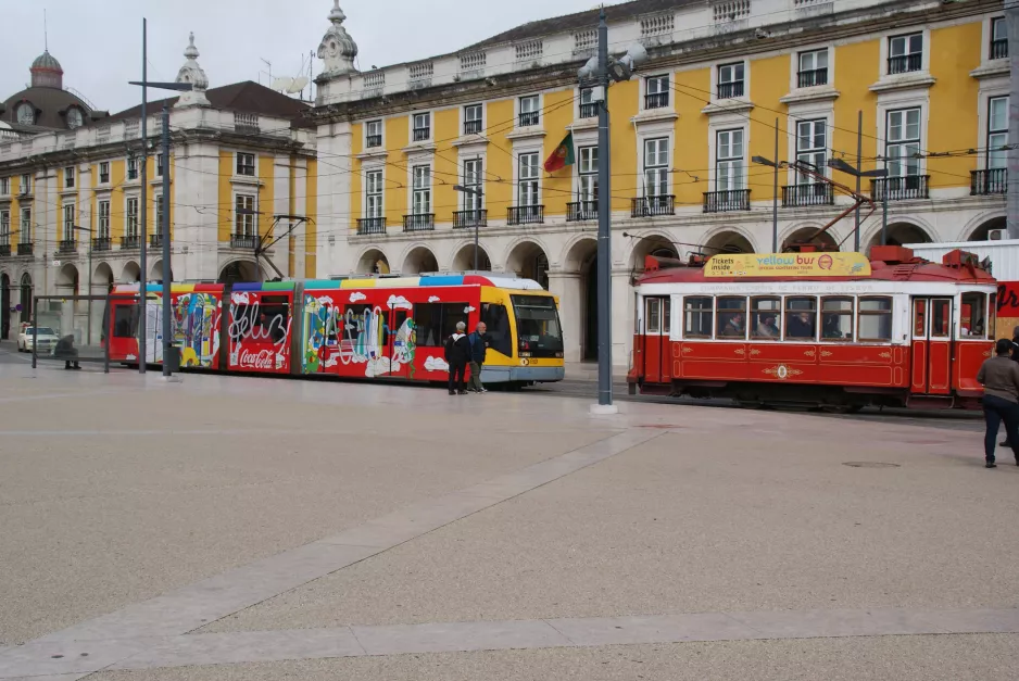 Lisbon tram line 15E with low-floor articulated tram 506 at Praça do Cormércio (2013)