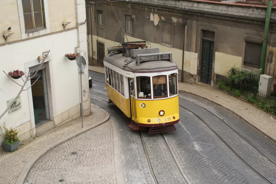 Lisbon tram line 28E with railcar 578 on Calçada São Francisco (2013)