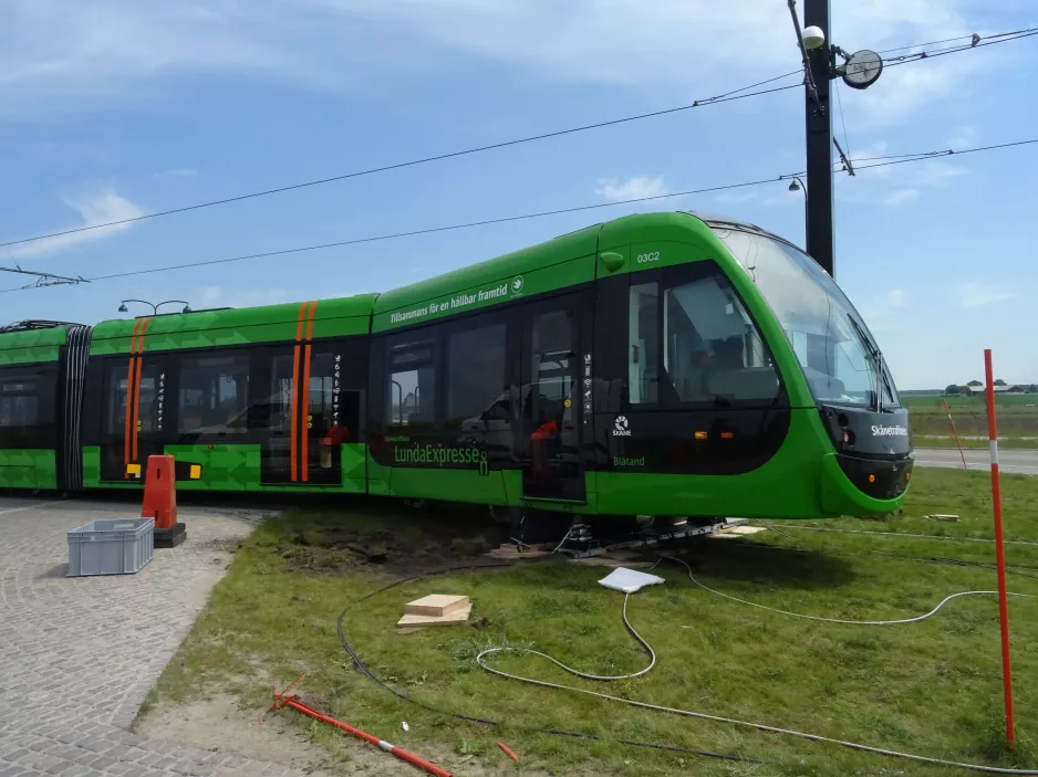 Lund tram line 1 with low-floor articulated tram 03 (Blåtand) at ESS (2022)