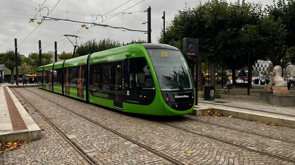 Lund tram line 1 with low-floor articulated tram 06 (Saxo Grammaticus) at Lund C (2023)