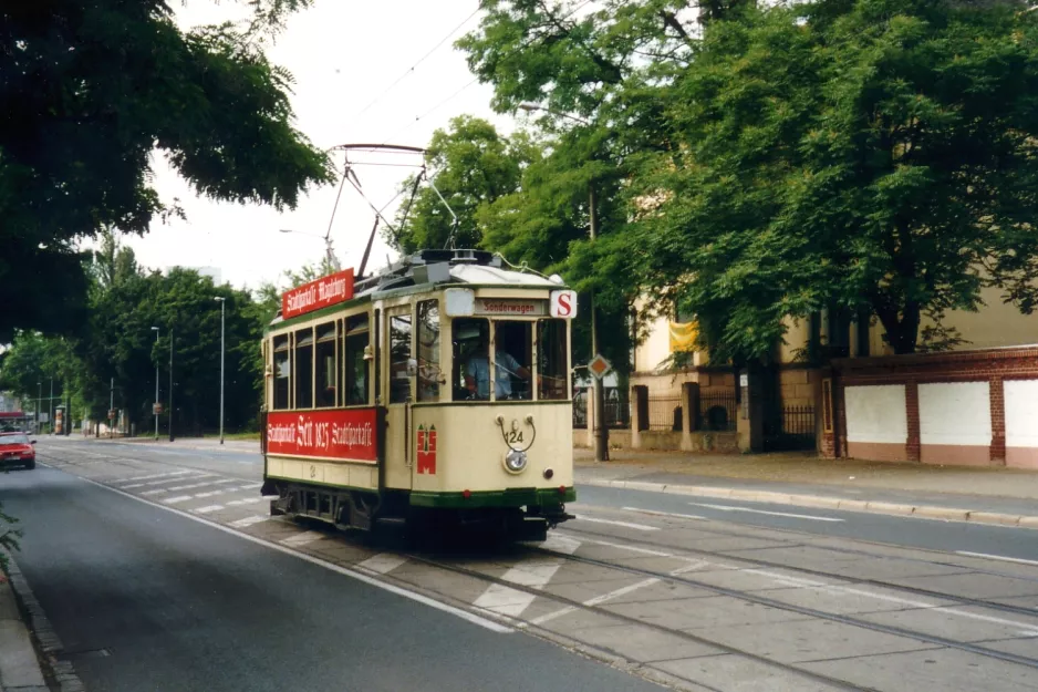 Magdeburg museum line 77 with museum tram 124 near Nicolaiplatz (2003)