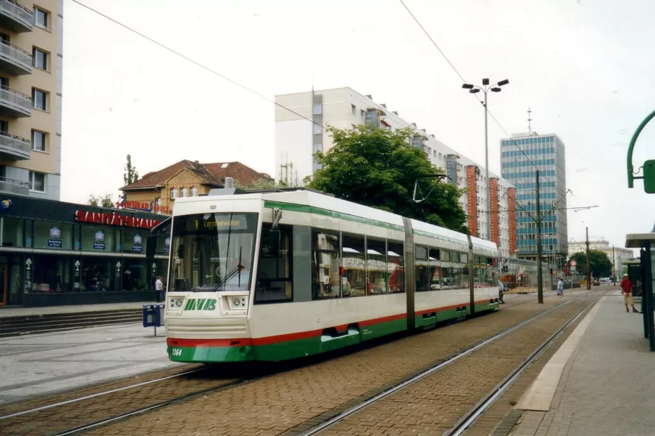 Magdeburg tram line 1 with low-floor articulated tram 1364 at Universität Magdeburg Universitätsplatz (2003)