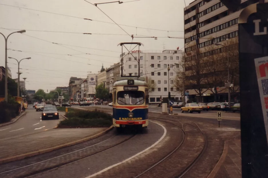 Mannheim Rhein-Haardtbahn 4 with articulated tram 334 close by Hauptbahnhof (1990)