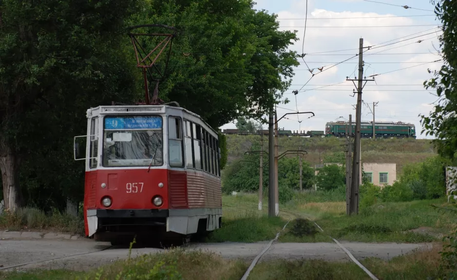 Mariupol tram line 9 with railcar 957 on Zaozerna St (2012)