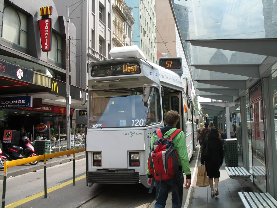 Melbourne tram line 57 with railcar 120 at Flinders Street Station, City (2010)