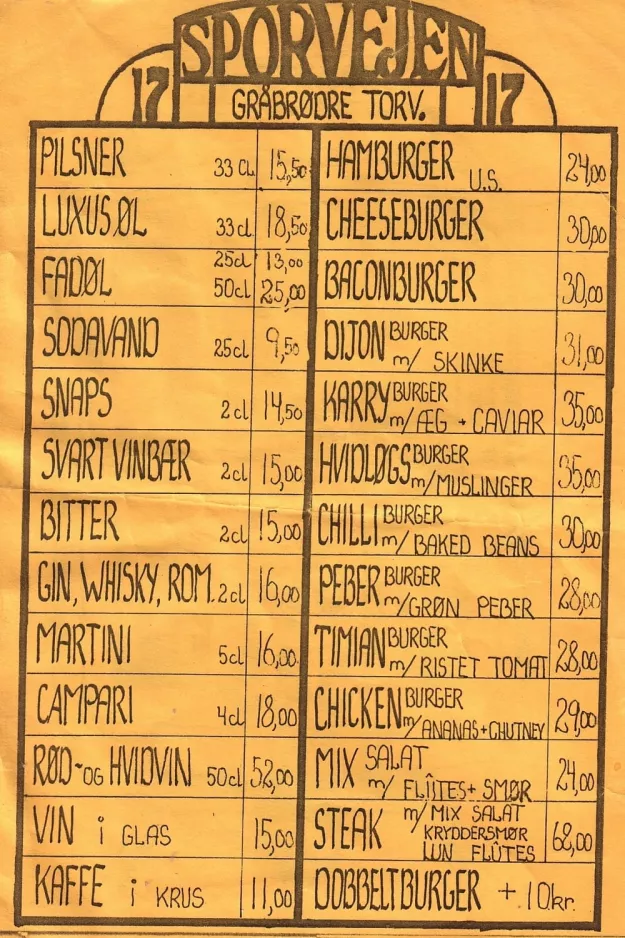 Menu card: Copenhagen, the back old menu, from Spisestedet Sporvejen (1985)
