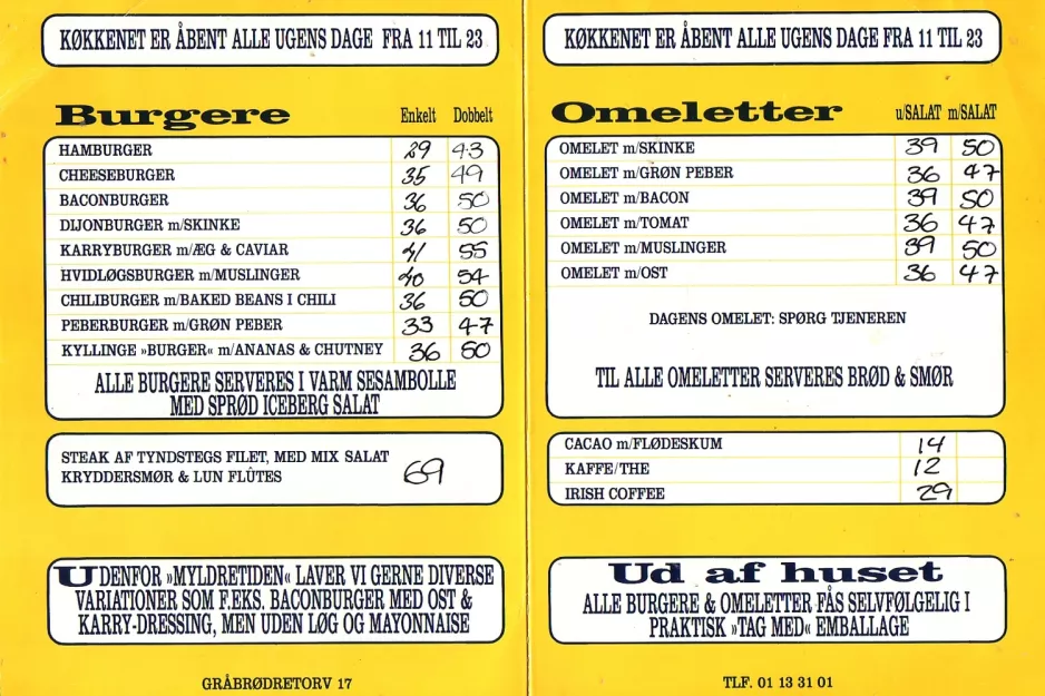 Menu card: Copenhagenmiddle side Sporvejen Burger Bar of the City (1984)