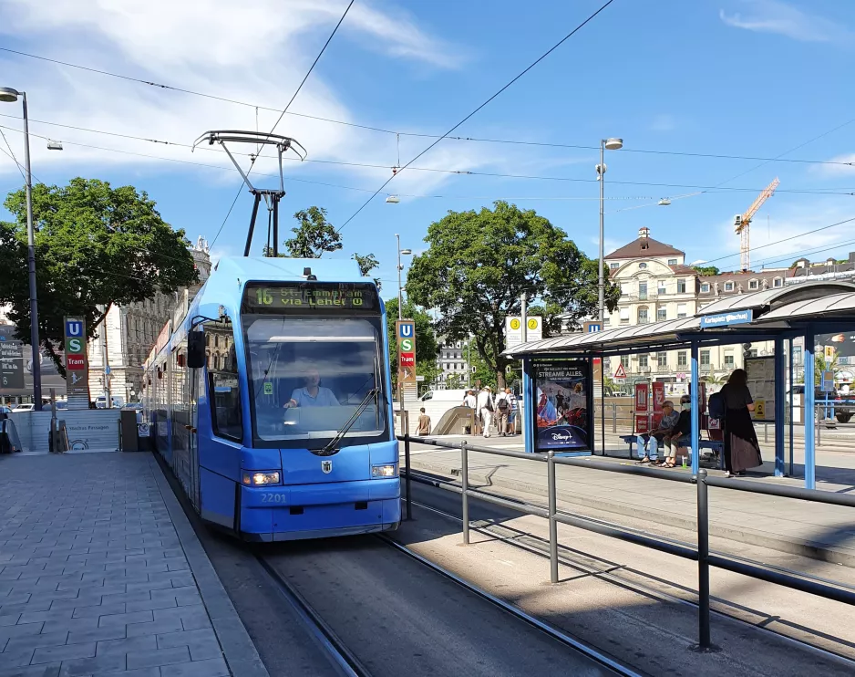 Munich tram line 16 with low-floor articulated tram 2201 at Karlsplatz (Stachus) (2020)