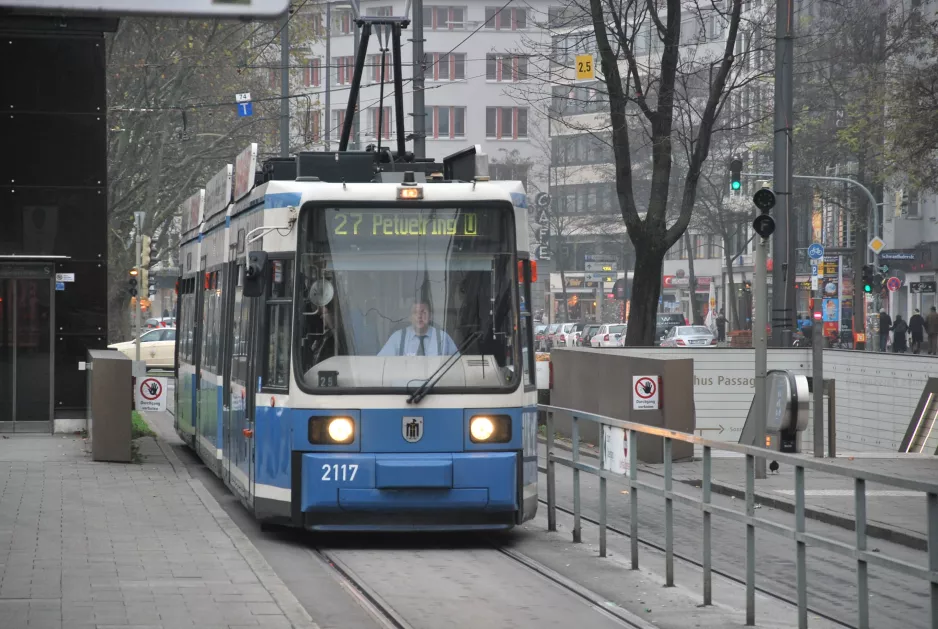 Munich tram line 27 with low-floor articulated tram 2117 at Karlsplatz (Stachus) (2014)