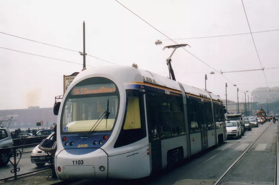 Naples tram line 4 with low-floor articulated tram 1103 near Museo Ariheologigo/Staz Museo (2005)