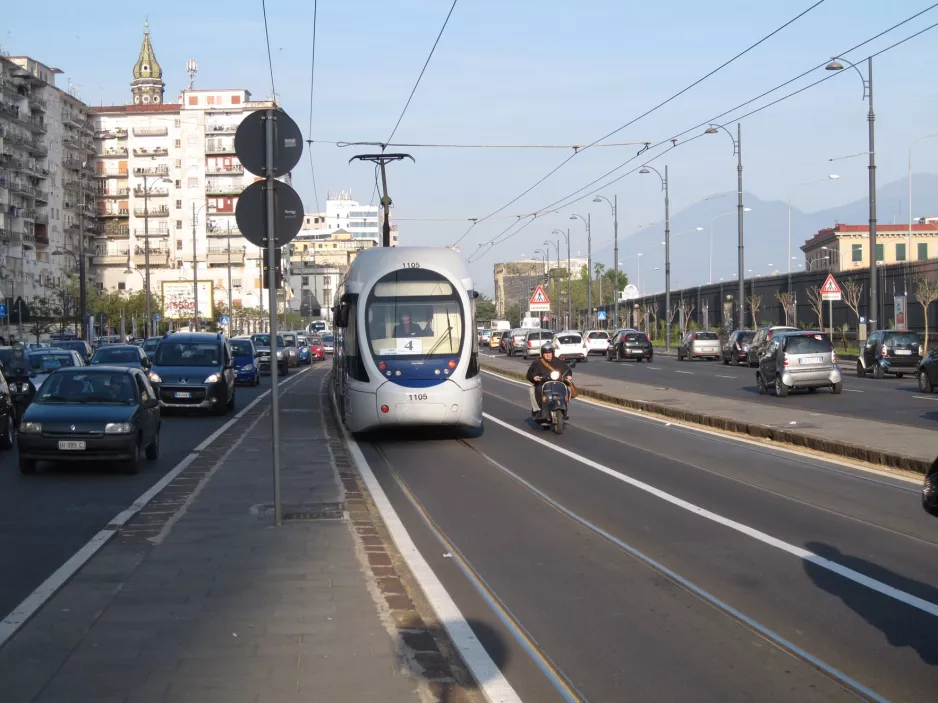 Naples tram line 4 with low-floor articulated tram 1105 on Via Amerigo Vecpucci (2014)