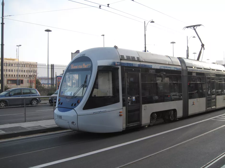 Naples tram line 4 with low-floor articulated tram 1105, the front Via Amerigo Vecpucci (2014)