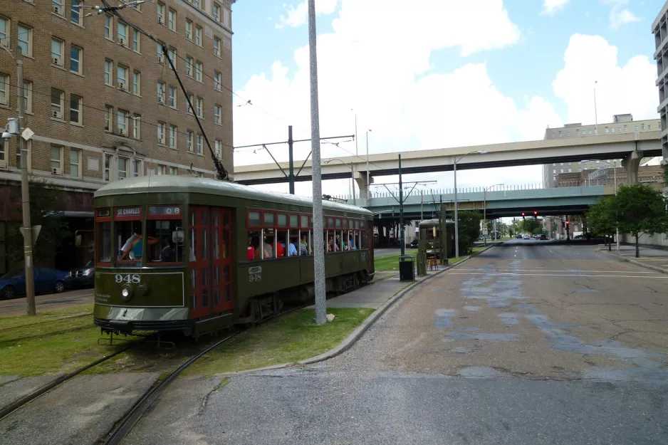 New Orleans line 12 St. Charles Streetcar with railcar 948 at St Charles at Lee Circle (2010)