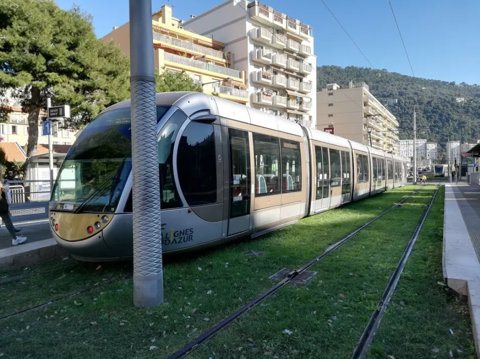 Nice tram line 1 with low-floor articulated tram 015 at Saint-Roch (2019)