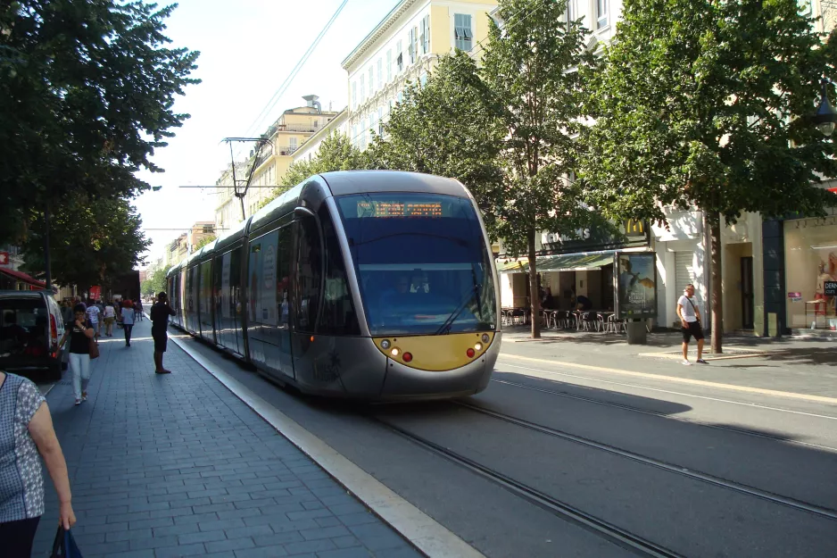 Nice tram line 1 with low-floor articulated tram 015 on Avenue Jean Médecin (2016)