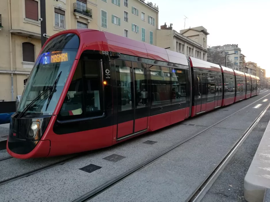 Nice tram line 2 with low-floor articulated tram 032 on Rue de France (2019)