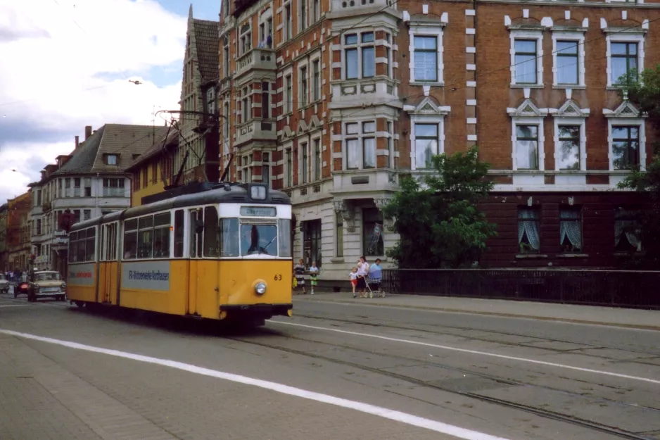 Nordhausen tram line 1 with articulated tram 63 near Atrium-Passage (1990)