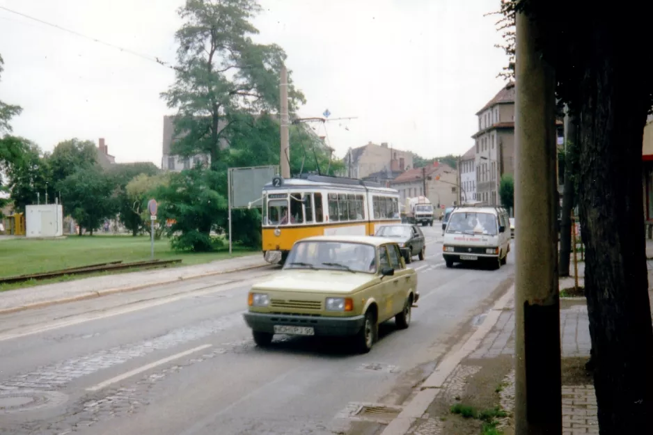 Nordhausen tram line 2 with articulated tram 79 on Grimmelallee (1993)