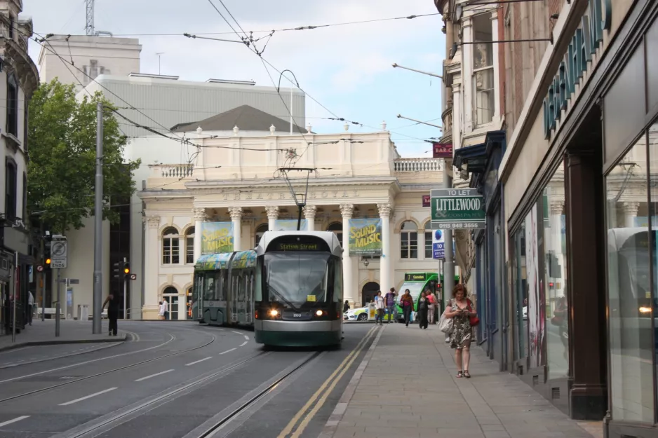 Nottingham tram line Purple with low-floor articulated tram 203 "William (Bendigo) Th" near Royal Centre (2011)