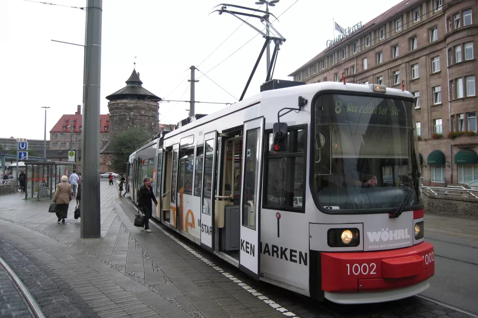 Nuremberg tram line 8 with low-floor articulated tram 1002 at Bahnhofplatz (2010)