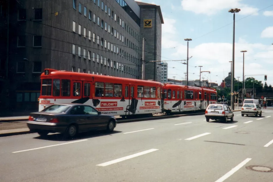 Nuremberg tram line 9 with articulated tram 326 near Bahnhofplatz (1996)