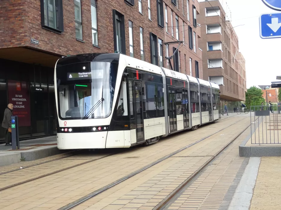 Odense low-floor articulated tram 02 "Kompasset" at Albanitorv (2022)