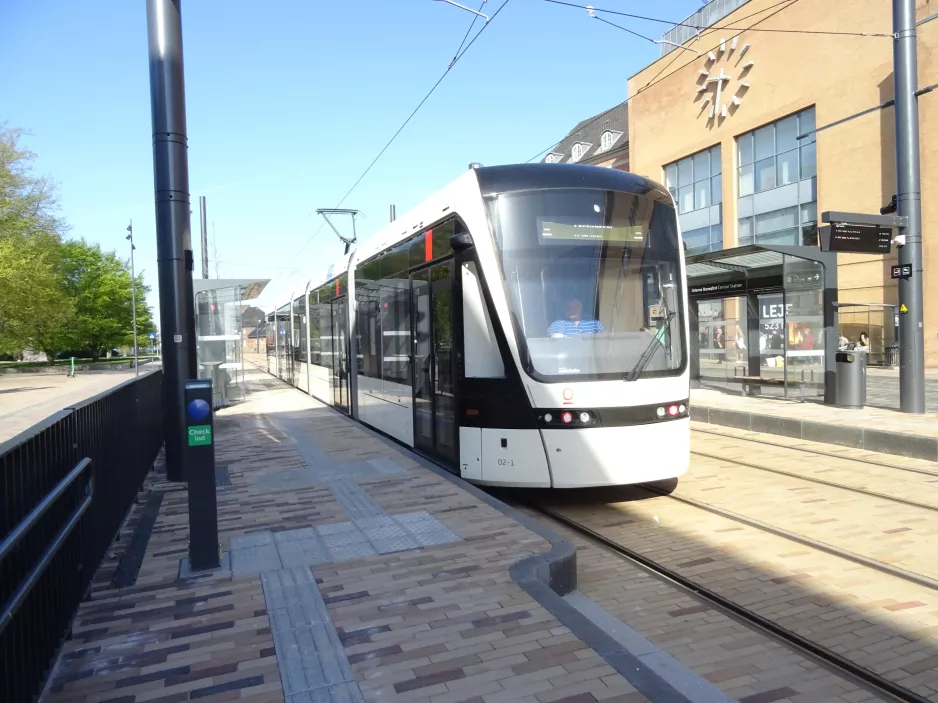 Odense low-floor articulated tram 02 "Kompasset" at Central Station (2022)