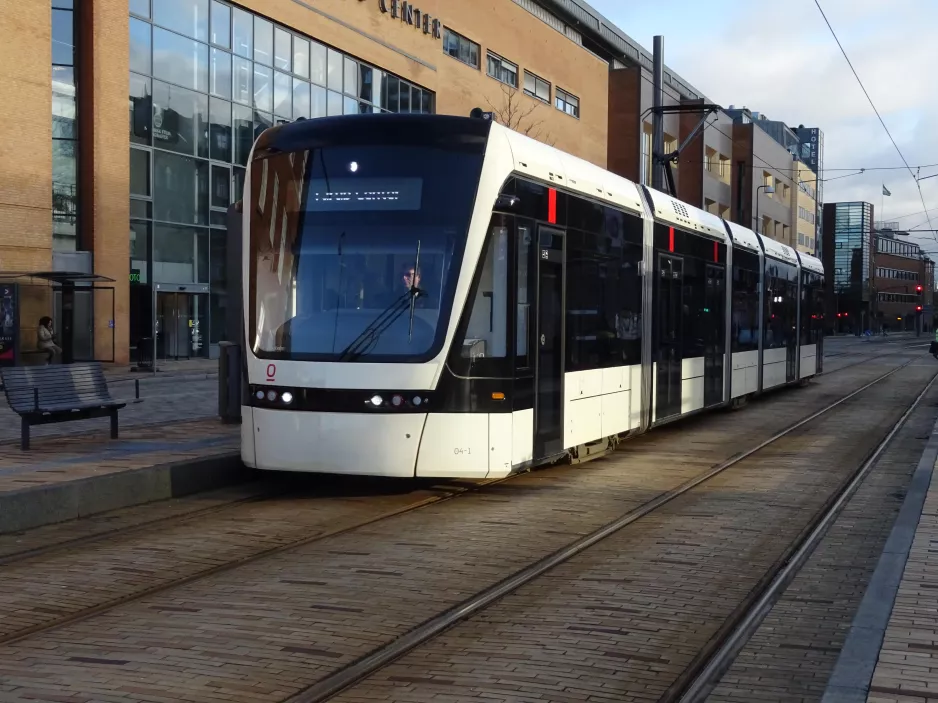 Odense Tramway with low-floor articulated tram 04 "Strømmen" at Central Station (2023)