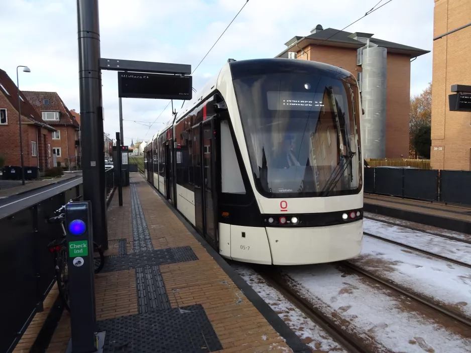 Odense Tramway with low-floor articulated tram 05 "Opdagelsen" at Palnatokesvej (2022)