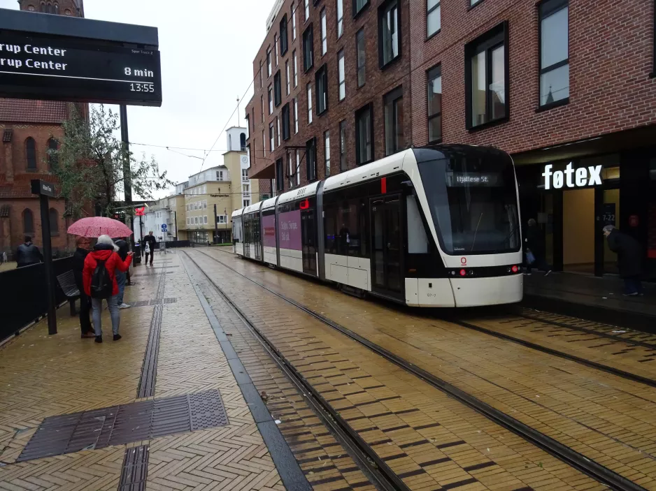 Odense Tramway with low-floor articulated tram 07 "Drømmen" at Albanitorv (2023)