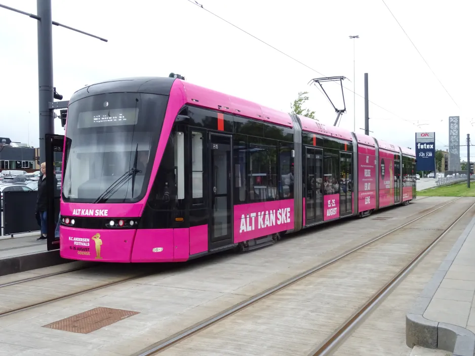 Odense Tramway with low-floor articulated tram 08 "Eventyret" at Rosengårdcentret (2024)