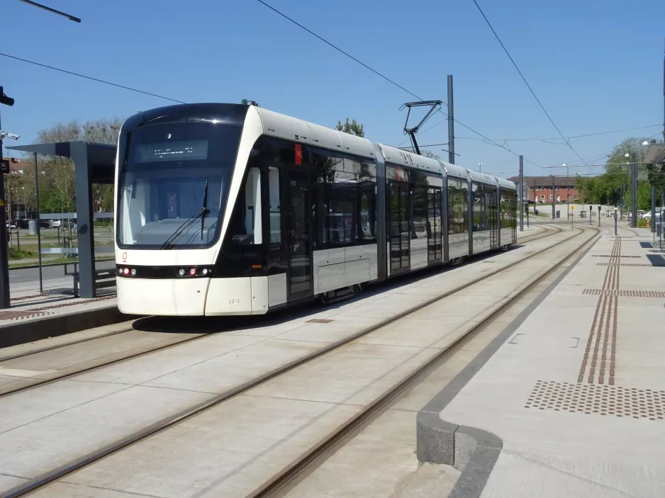 Odense Tramway with low-floor articulated tram 12 "Glæden" at Idrætsparken (2023)