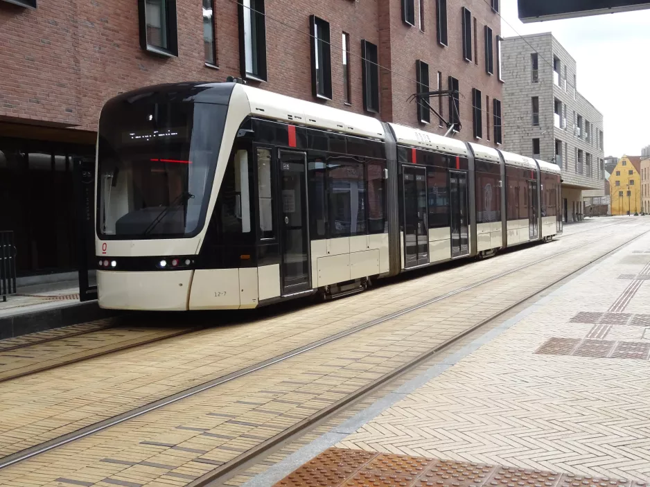 Odense Tramway with low-floor articulated tram 12 "Glæden" at ODEON (2023)