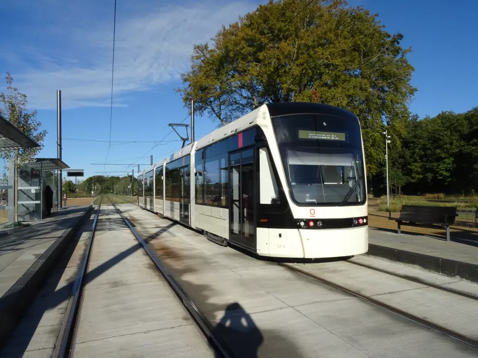Odense Tramway with low-floor articulated tram 12 "Glæden" at Park & Ride (2022)