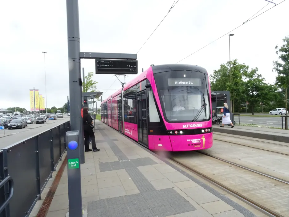 Odense Tramway with low-floor articulated tram 13 "Øjeblikket" at Rosengårdcentret (2024)