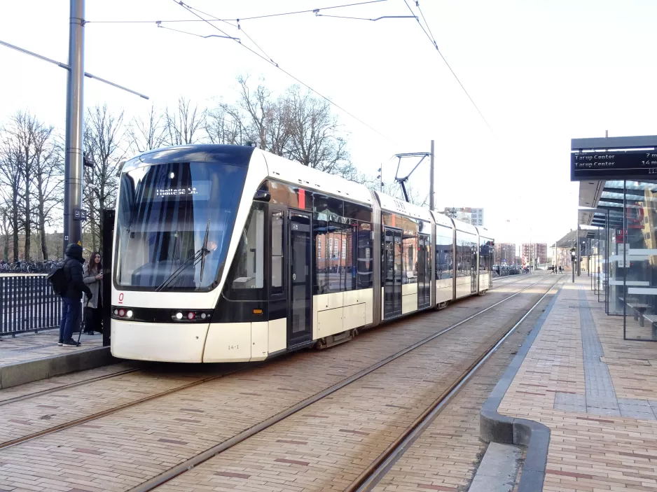 Odense Tramway with low-floor articulated tram 14 "Pusterummet" at Central Station (2023)