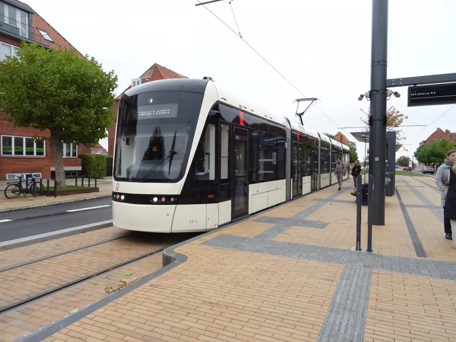 Odense Tramway with low-floor articulated tram 15 "Symfonien" at Bolbro (2022)