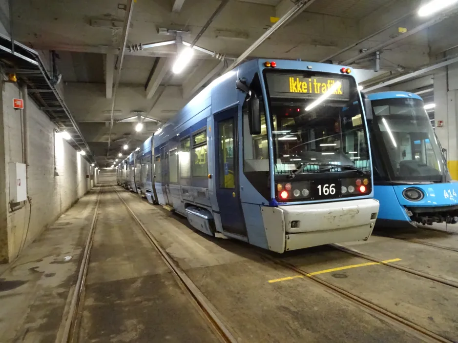 Oslo low-floor articulated tram 166 inside Grefsen trikkebase (2024)