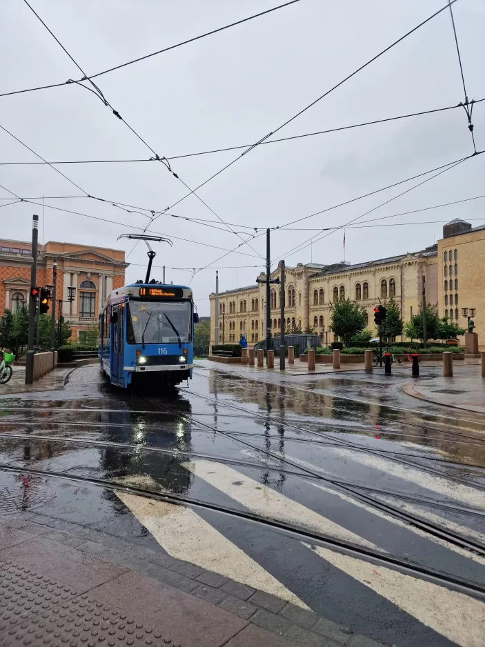 Oslo tram line 11 with articulated tram 116 on Wessels Plass (2023)