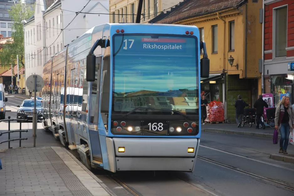 Oslo tram line 17 with low-floor articulated tram 168 on Storgata (2013)