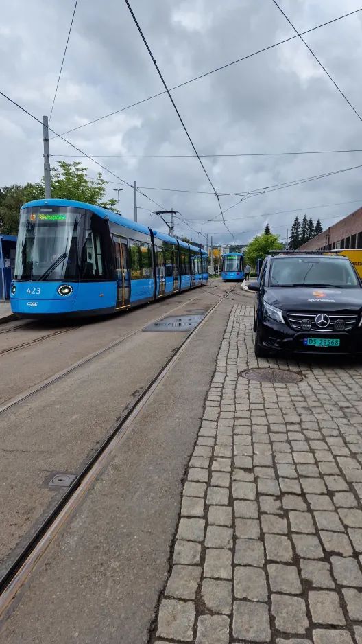 Oslo tram line 17 with low-floor articulated tram 423 at Grefsen stasjon (2024)