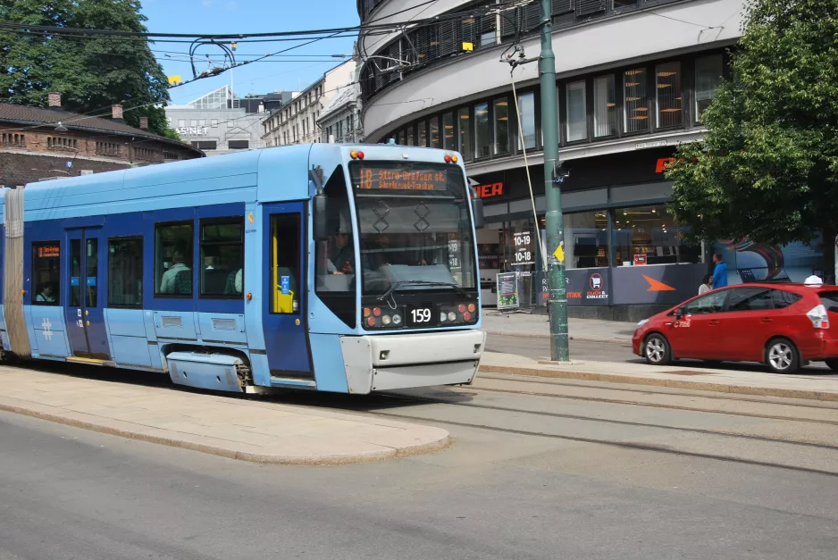 Oslo tram line 18 with low-floor articulated tram 159 at Kirkeristen (2022)