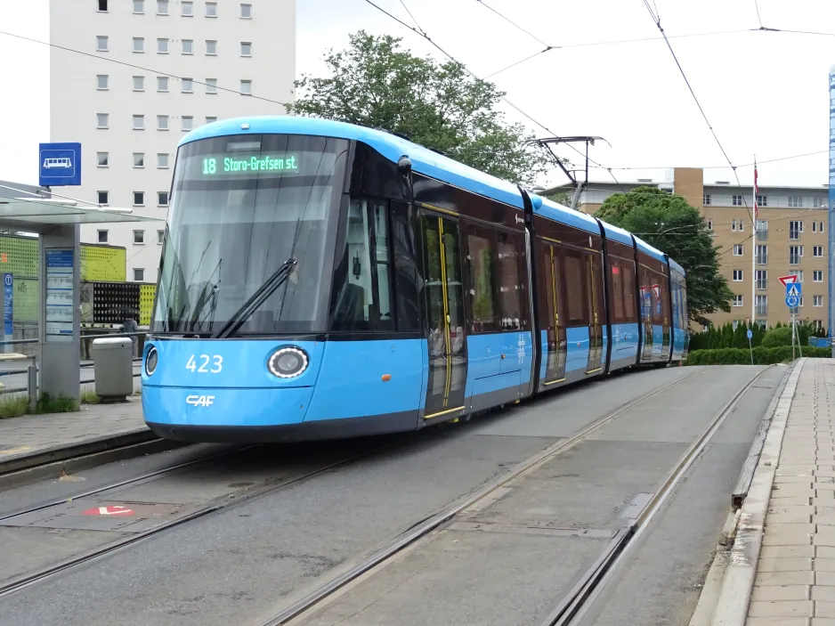 Oslo tram line 18 with low-floor articulated tram 423 at Storo (2024)