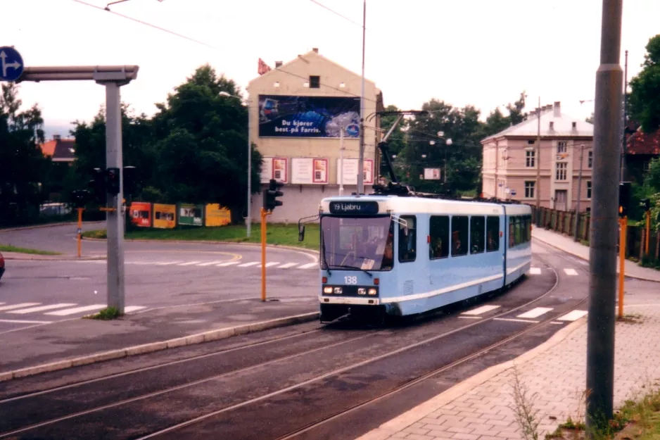 Oslo tram line 19 with articulated tram 138 at Konows gate (1995)