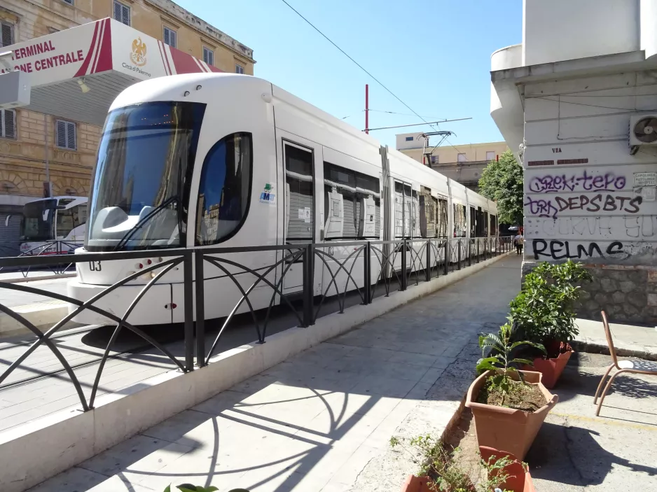 Palermo tram line 1 with low-floor articulated tram 03 at Centrale (2022)