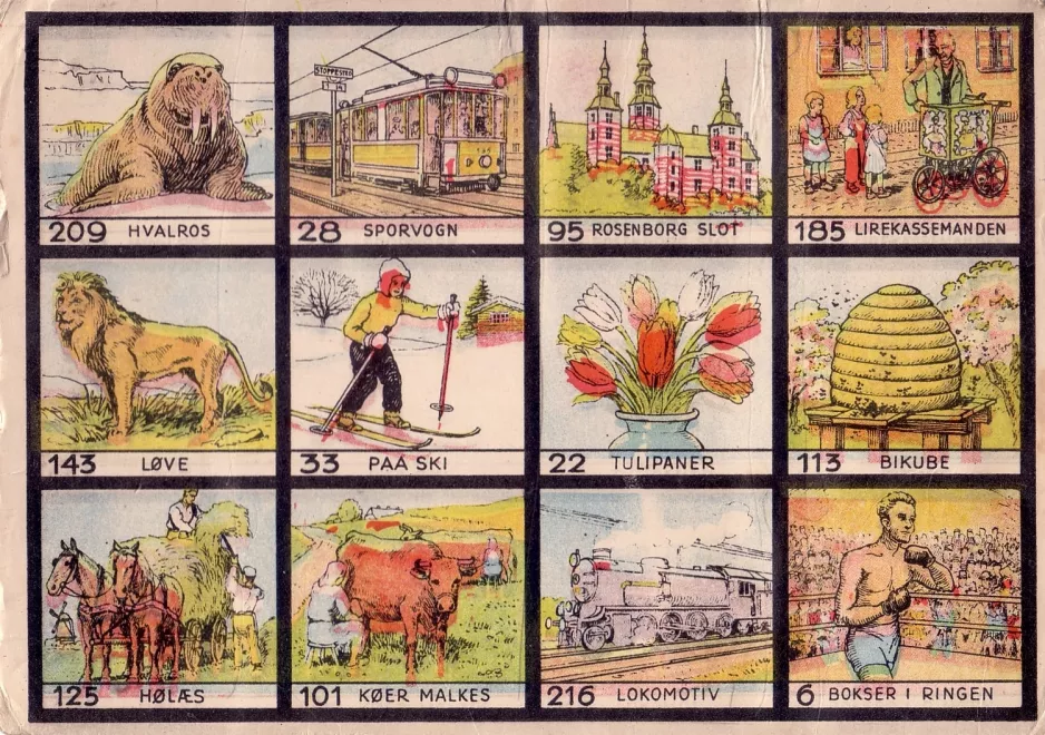 Picture lottery: Copenhagen tram line 1  Game board with tram (1930)