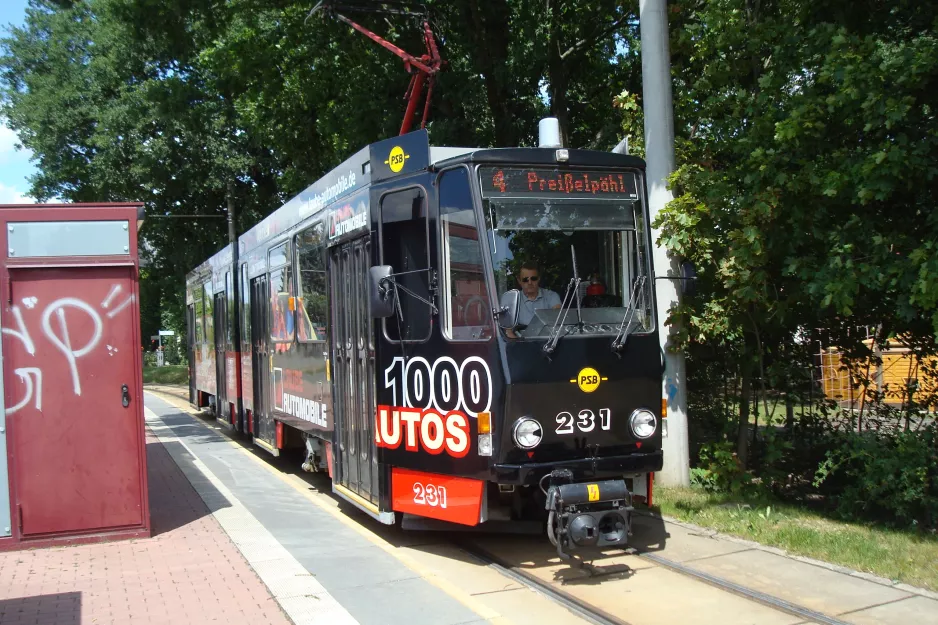Plauen tram line 4 with articulated tram 231 at Reusa (2015)